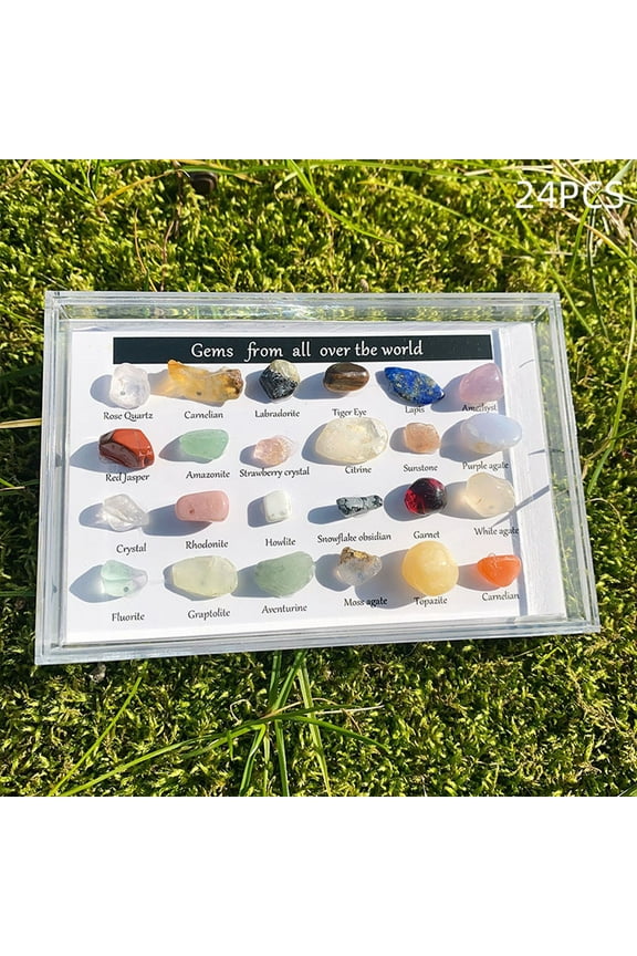 24-Piece Natural Crystal Agate Stone Collection - Healing Energy Stones Specimen Set with 24 Unique Varieties - 9x6cm Display Box for Meditation & Decor