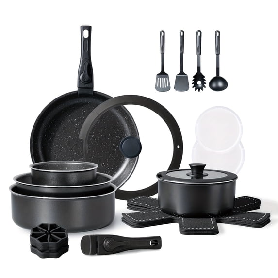 24-Piece Nonstick Cookware Set with Removable Double-Lock Safety Handles, Stackable Space-Saving Design, PFOA & Cadmium Free, Kitchen Pots and Pans Set for All Cooking