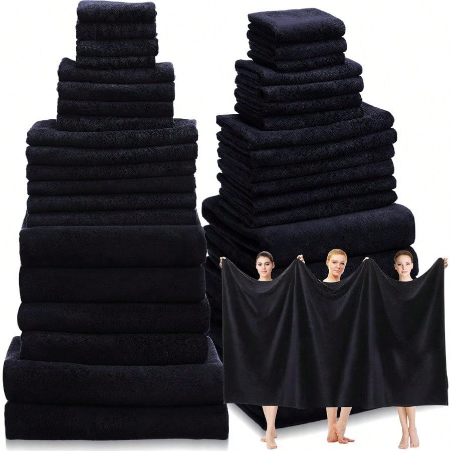 24 Piece Oversized Bath Towels Set Microfiber Absorbent Towels For Spa Camping Bathroom Beach 4 Oversized Bath Towels 2 Bath Sheets 6 Hand Towels 8 Wash Cloths 4 Fingertip Towels Black