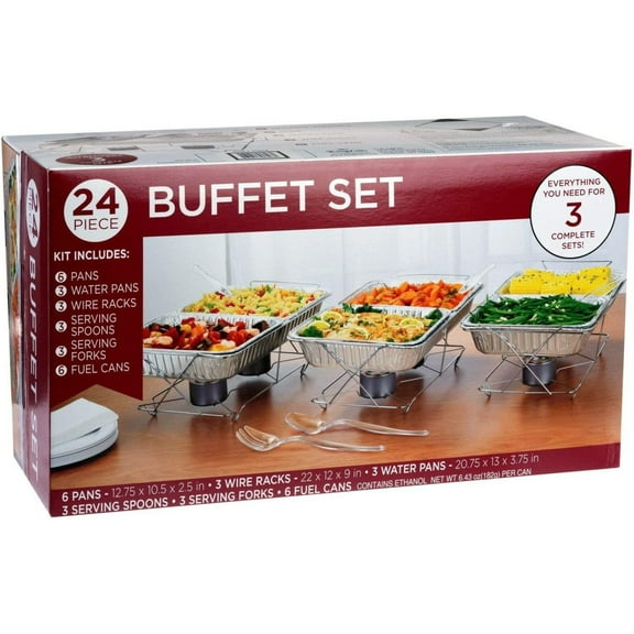 24 Piece Party Serving Kit Includes Chafing Dish Buffet Set and Serving Utensils For All Types Of Parties And Events, 3 complete Disposable Party Sets