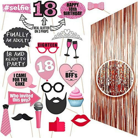 24 Piece Photo Props & Backdrop For Happy 18th Birthday Decorations Girls, 18th Birthday Plates, 18th Birthday Gifts For Girls, 18 Birthday Decorations For Girls, Happy 18th Birthday Banner