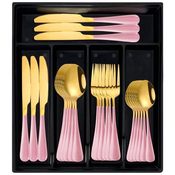 24-Piece Pink Flatware Set for 6, Heavy Duty Stainless Steel Silverware with Antiskid Handle, Rust-Proof Mirror Polish Cutlery Set with Organizer