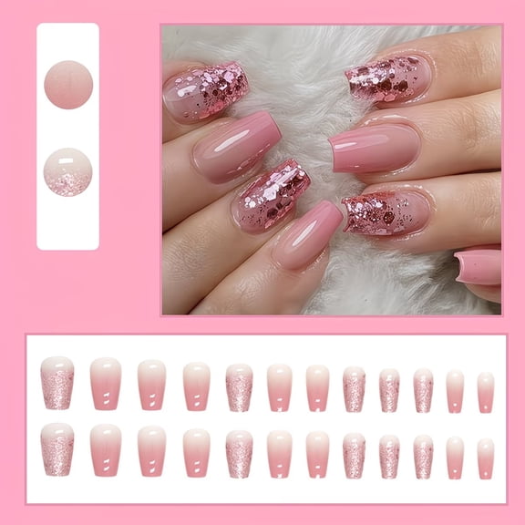 24-Piece Pink Glitter Press-On Nails Set - Mid-Length Ballet Shape for Effortless Glamour
