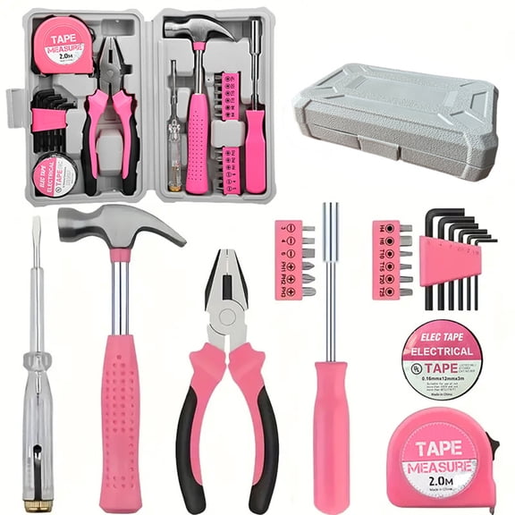 24 Piece Pink Tool Set for Women,  General Household Hand Tool Kit with All-Purpose Small Tool Box, Lady's Tool Set for House, Perfect for Home DIY Projects