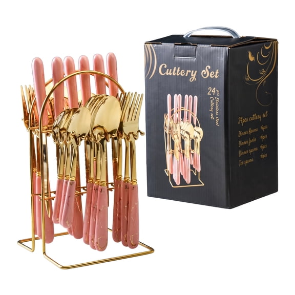 24-Piece Pink and Gold Silverware Set Stainless Steel Flatware Set Service for 6 with Pink Handles
