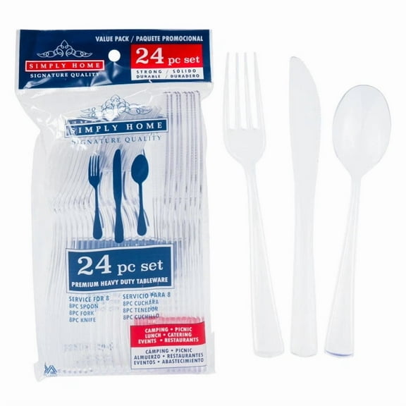 24 Piece Plastic Cutlery Set For Camping, Parties And Events - Clear