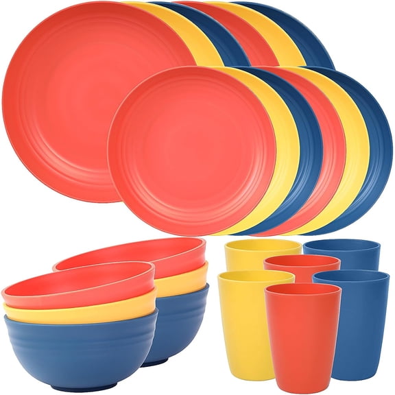 24 Piece Plates and Bowls Sets for 6, Unbreakable Dinnerware Sets, Dish Set for Camping, Dishwasher Microwave Safe, Outdoor Kitchen and Apartment Dinning RV Essentials, Multi