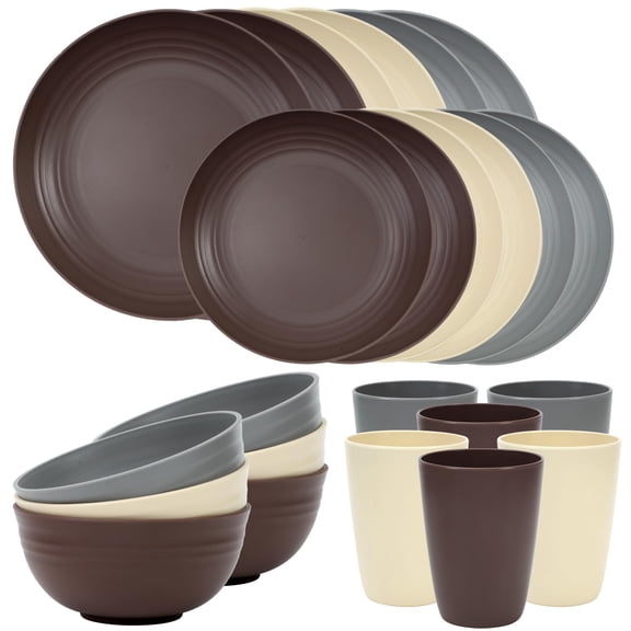 24 Piece Plates and Bowls Sets for 6, Unbreakable Dinnerware Sets, Dish Set for Camping, Dishwasher Microwave Safe, Outdoor Kitchen and Apartment Dinning RV Essentials