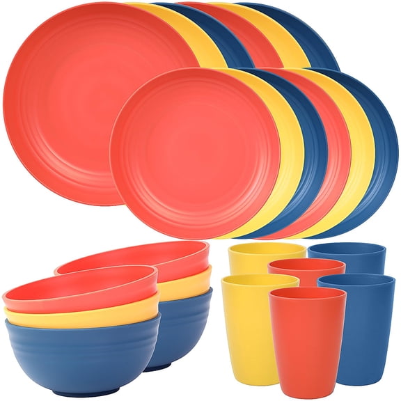 24 Piece Plates and Bowls Sets for 6, Unbreakable Dinnerware Sets, Dish Set for Camping, Dishwasher Microwave Safe, Outdoor Kitchen and Apartment Dinning RV Essentials