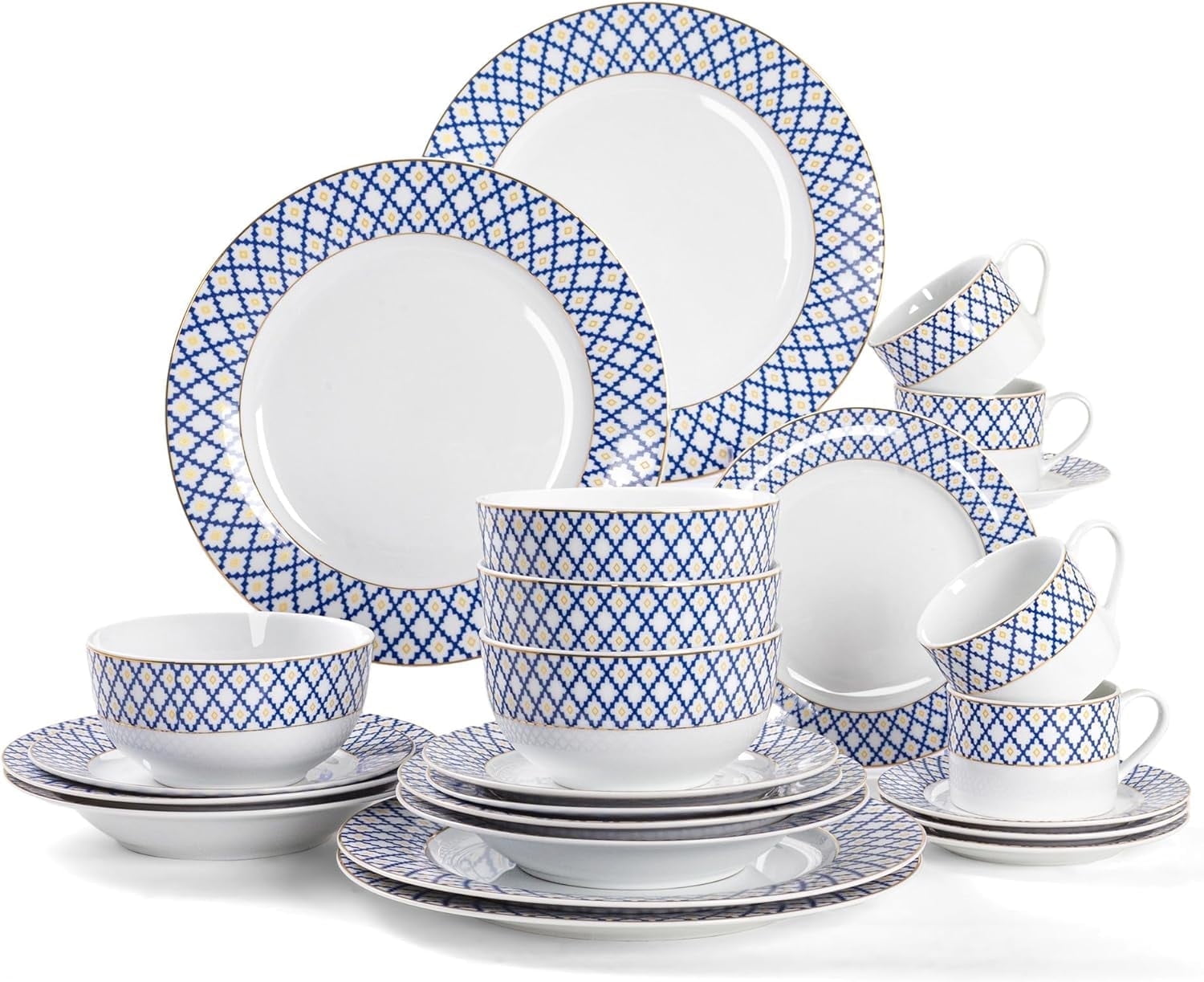 24 Piece Porcelain Dinnerware Set, Premium Plates and Bowls with Golden Rim,Cappuccino Cups with Saucers,Modern Ceramic Dish Set for 4, Blue Plaid and Gold