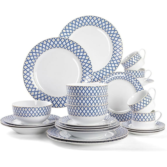 24 Piece Porcelain Dinnerware Set, Premium Plates and Bowls with Golden Rim,Cappuccino Cups with Saucers,Modern Ceramic Dish Set for 4, Blue Plaid and Gold