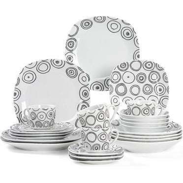 QOMO-1996 24-Piece Black and White Porcelain Dinnerware Set for 4, Plates, Bowls, Cups & Saucers