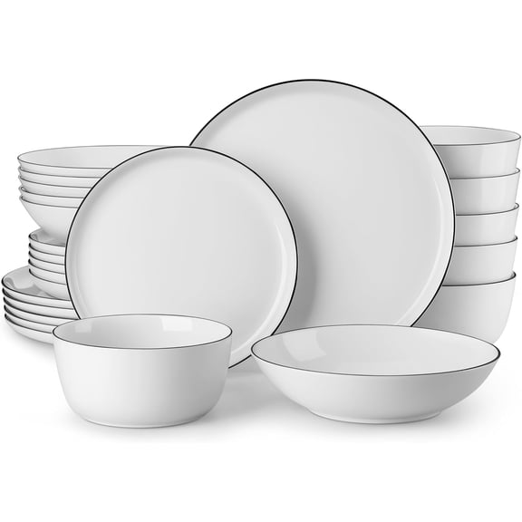 24-Piece Porcelain Dinnerware Set for 6 Microwave and Dishwasher Safe White with Black Rim