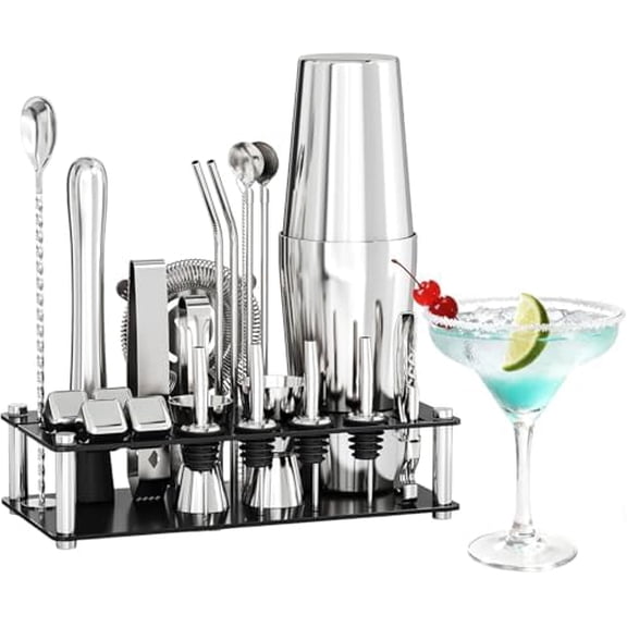 24 Piece Professional Boston Shaker for Cocktails, Stainless Steel Bar Kits for Bartender with Acrylic Stand, All Essential Bar Tools for Home, Party, Mixing Drinks, Silver