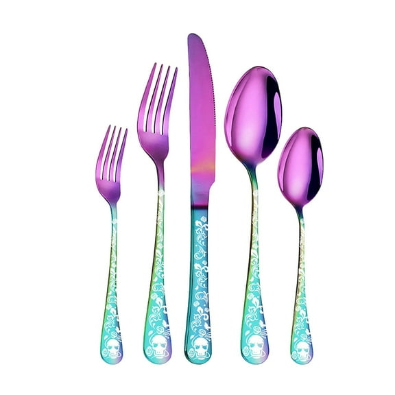 5-Piece Rainbow Stainless Steel Flatware Set with Engraved Skull Design, Dishwasher Safe Cutlery Set for Home Kitchen and Parties