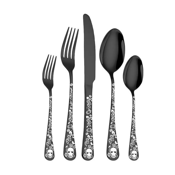 5-Piece Rainbow Stainless Steel Flatware Set with Engraved Skull Design, Dishwasher Safe Cutlery Set for Home Kitchen and Parties