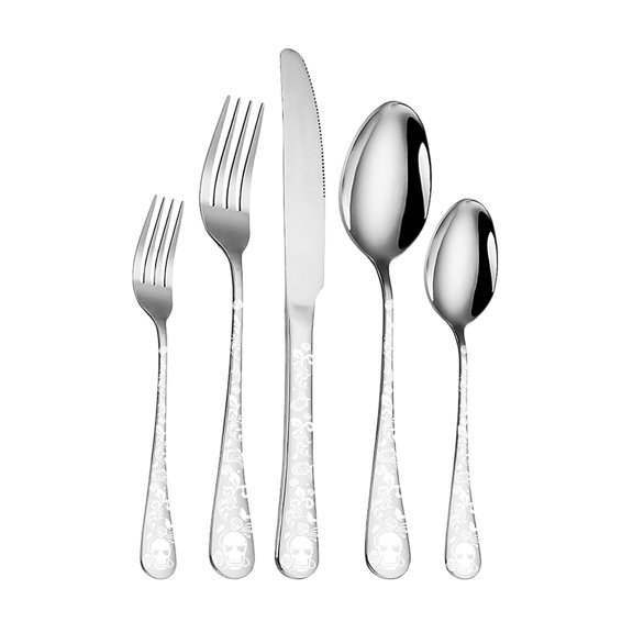 5-Piece Rainbow Stainless Steel Flatware Set with Engraved Skull Design, Dishwasher Safe Cutlery Set for Home Kitchen and Parties