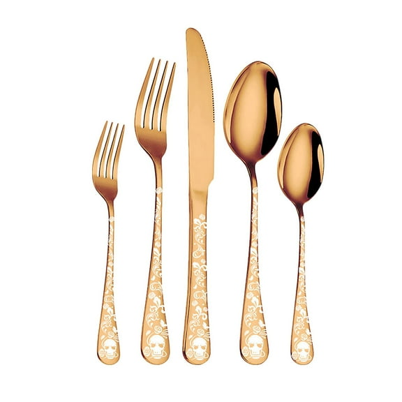24-Piece Rainbow Stainless Steel Flatware Set with Engraved Skull Design, Service for 6, Dishwasher Safe