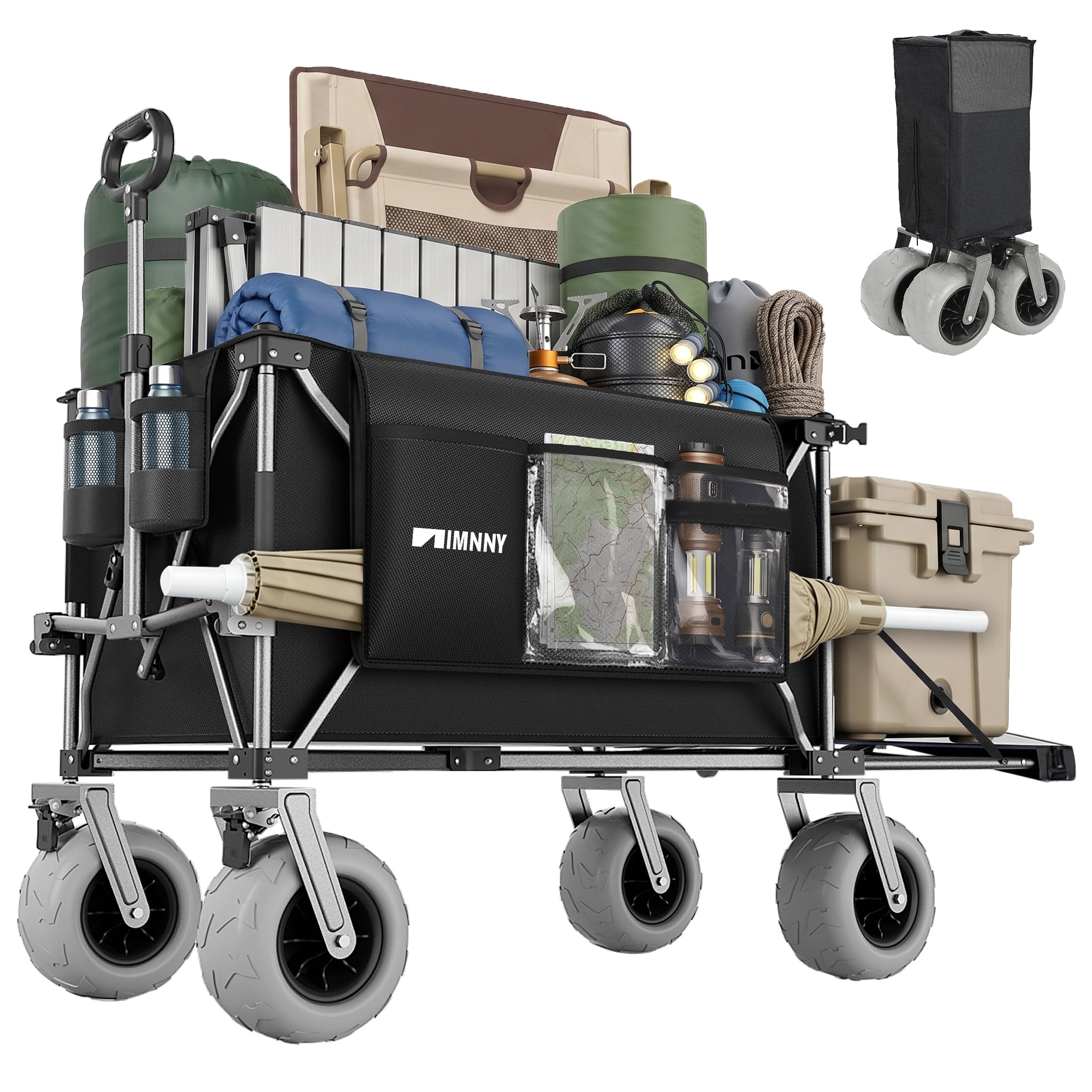 Beach Wagon with 9x4 PU Wheels 500 lbs Capacity Expandable Tailgate 300L Storage Sand Cart
