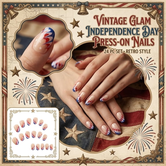 24 Piece Retro Gorgeous Independence Day Nail Art Set, Patriotic 4th of July Nail Stickers Wraps for Women, DIY Press on Nails