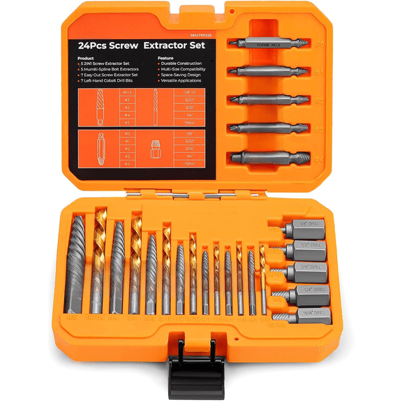 24 Piece Screw Extractor and Left Hand Drill Bits Set, Easy Out Screw Extractor Set with HSS Steel Reverse Drill Bit for Removing Stripped Damaged Broken Screw,Bolts,Nuts