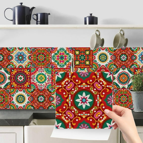 24 Piece Self Adhesive Tiles Stickers Kitchen Backsplash 8" x 8" Red Green Flowers Pattern Wall Decals DIY Peel and Stick Waterproof Tile