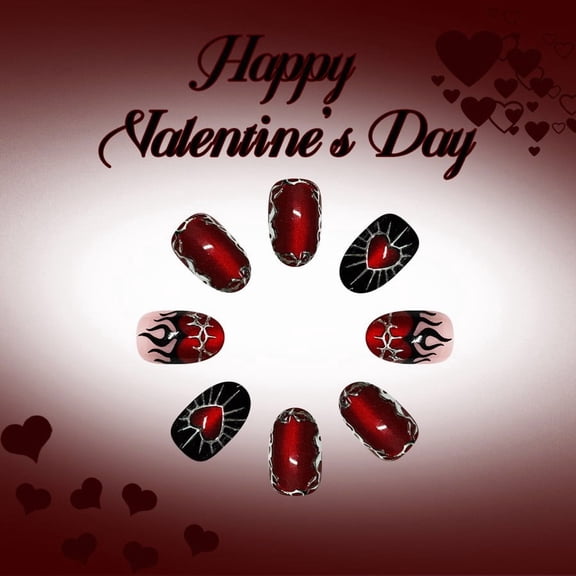 24 Piece Short Oval Shiny Press On Nails With Heart Cat Eye Flame 3D Gilded Design Wearable Fake Tips For Women Manicure Art