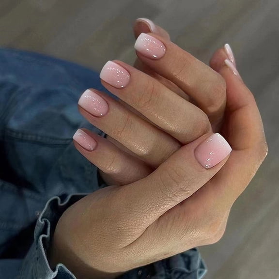 24-Piece Short Round French False Nails - Peach Gradient Wearable Fake Nails with Glue, Easy Application for Manicure at Home