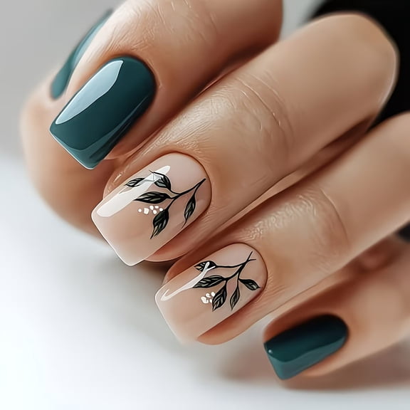 24-Piece Short Square Press on Nails Set with Elegant Leaf Design for Daily Chic Style