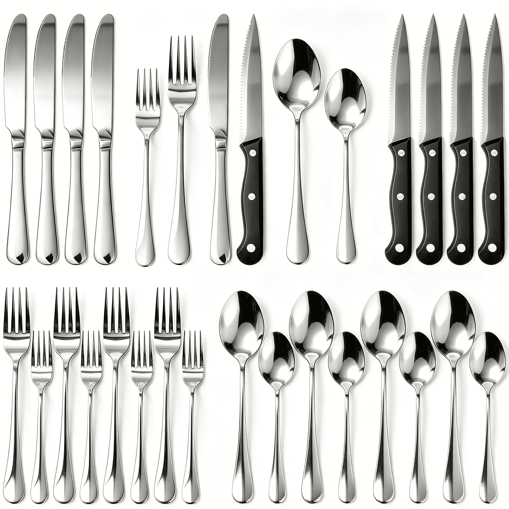 24-Piece Silver Silverware Set with Steak Knives, Stainless Steel Flatware Set for 4, Mirror Polished Utensils for Kitchen Restaurant