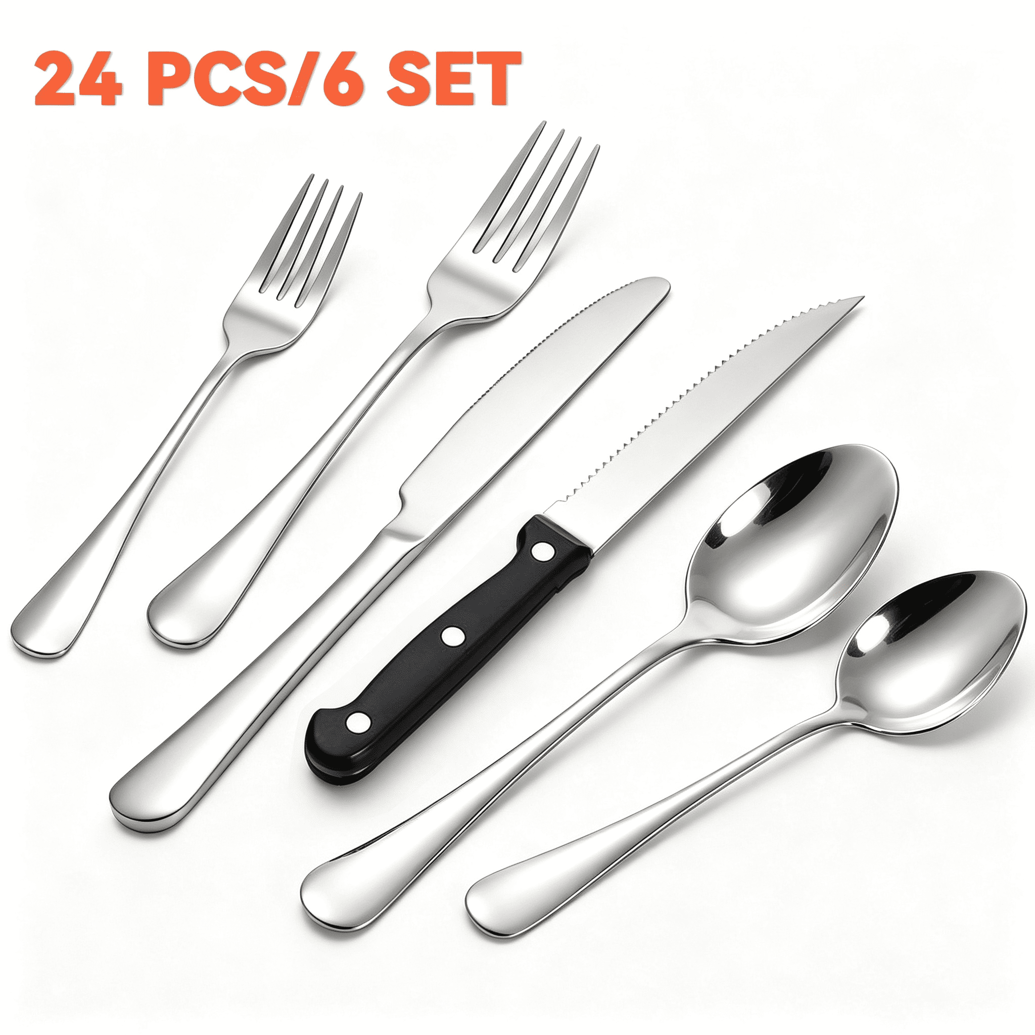 CISILOV 24‑Piece Silverware Set for 4, Stainless Steel Flatware Cutlery Utensil Set with Serrated Steak Knives, Include Forks Spoons Knives, Mirror Polished Utensils for Home Kitchen Dining