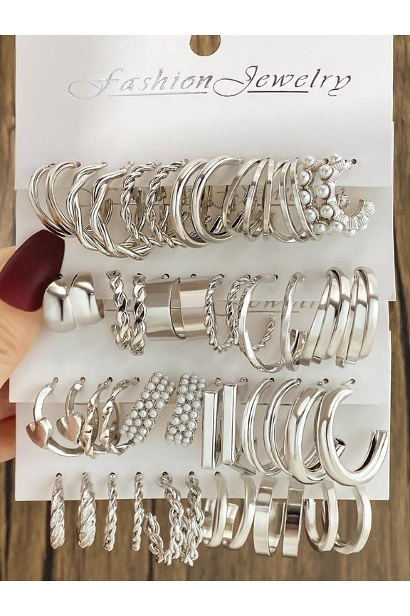 24-Piece Silver Tone Boho Earring Set For Women - Mix Of Hoops, Cuffs