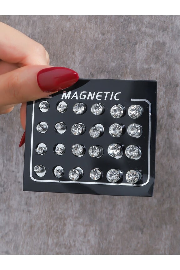 24-Piece Silver Tone Rhinestone Magnetic Stud Earring Set