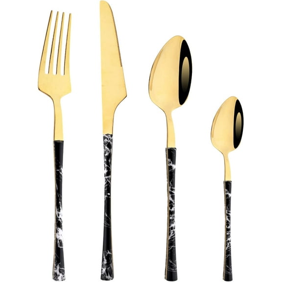 24-Piece Silverware Flatware Set Stainless Steel Cutlery Service for 6, Including Fork Spoon Knife Tableware, Mirror Polished,Marble Pattern Handle with Gold Mouth