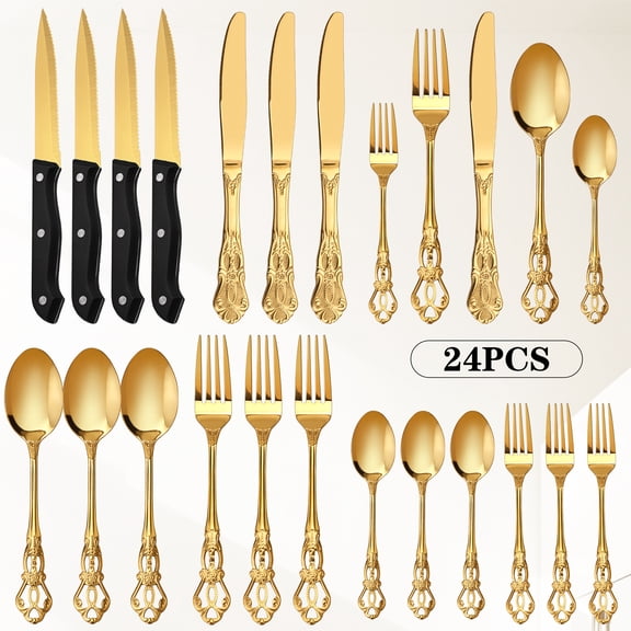 24 Piece Silverware Set with Steak Knife, Stainless Steel Cutlery Set for 4, Mirror Polished Cutlery Set Suitable for Home Kitchens, Restaurants & Hotels, dishwasher safe