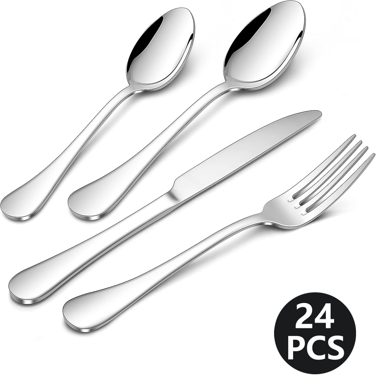 24-Piece Silverware Set With Steak Knives For 6, Stainless Steel ...