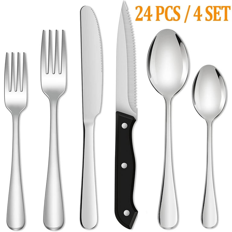 24-Piece Black Silverware Set with Steak Knives, Black Flatware Set for 4,  Food-Grade Stainless Steel Tableware Cutlery Set, Mirror Finished Utensil