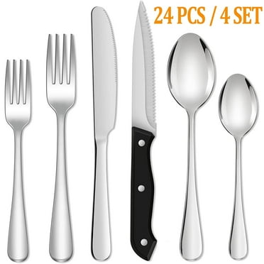 24 Piece Silverware Set with Steak Knives, Stainless Steel Flatware Set, Cutlery Set Service for 4, Mirror Polished Utensils Set, Forks and Spoons Silverware Set, Dishwasher Safe