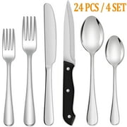 GPED 24 Piece Silverware Set with Steak Knives, Stainless Steel Flatware Set, Cutlery Set Service for 4, Mirror Polished Utensils Set, Forks and Spoons Silverware Set, Dishwasher Safe