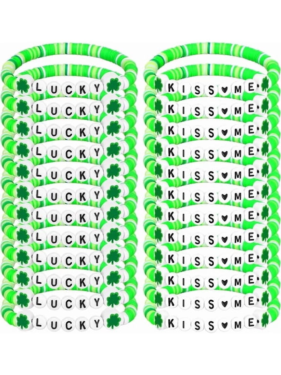 24 Piece St Patricks Day Bracelets Bulk Green Beaded Shamrock Party Favor Bracelets