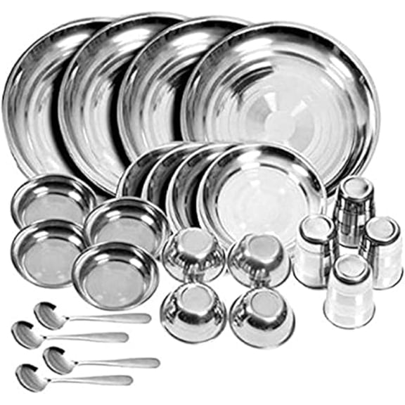 24 Piece Stainless Steel Dinnerware Set Heavy Duty Silver Plates, Curry Bowls, Dessert Plates, Glasses & Spoons for Home & Gifting
