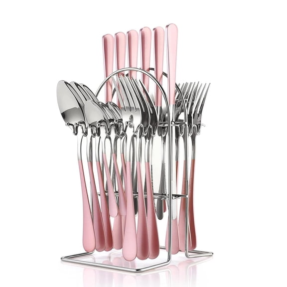 24 Piece Stainless Steel Silverware Set with Holder, Flatware for 6 Persons Includes Dinner Knives, Forks, Spoons, and Teaspoons, Mirror Polished Tableware Set (Pink)