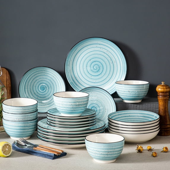 MALACASA 24 pcs Dinnerware Sets, Plates and Bowls Set for 6, Stoneware Dinner Set, Blue
