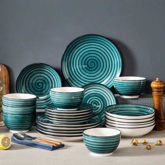 MALACASA 24 pcs Dinnerware Sets, Plates and Bowls Set for 6, Stoneware Dinner Set, Green