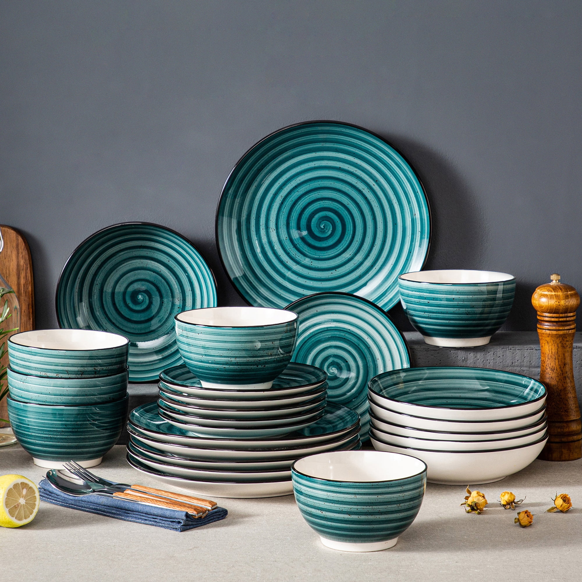 24Piece Stoneware Dinnerware Set, Green Dinner Set, Service for 6