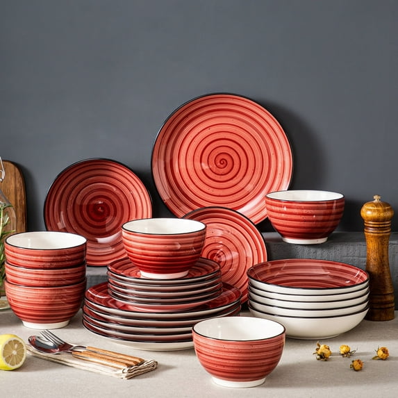 MALACASA 24 pcs Dinnerware Sets, Plates and Bowls Set for 6, Stoneware Dinner Set, Red