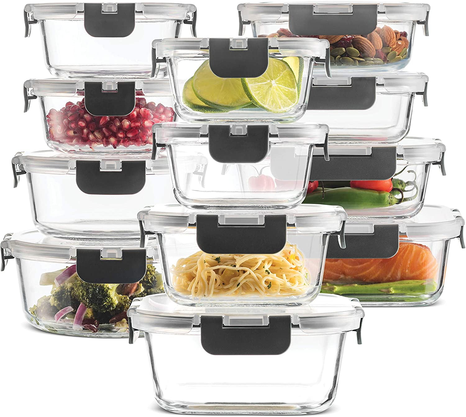 NutriChef Superior Glass Food Storage Containers - 24-Piece Stackable Glass  Meal-prep w/ Newly Innovated Hinged BPA-Free 100% Leakproof Locking Lids 