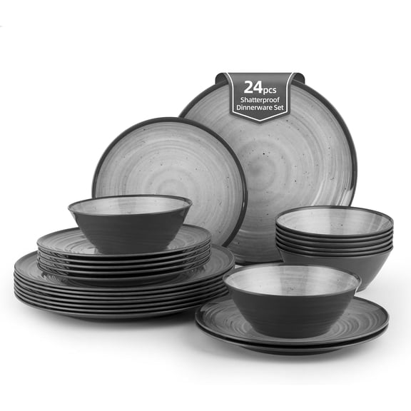 24-Piece Swirl Grey Melamine Plastic Dinnerware Sets for 8, Plates and Bowls Sets (Cool Grey)$$Home Decor, Kitchen, & Other
