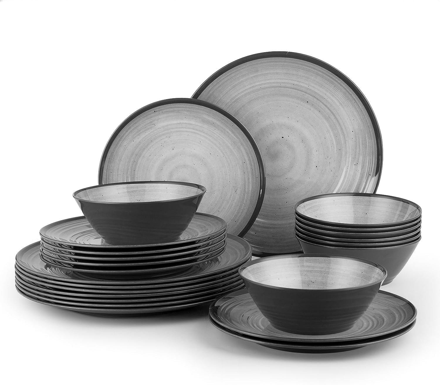 24Piece Swirl Grey Melamine Plastic Dinnerware Sets for 8, Plates and