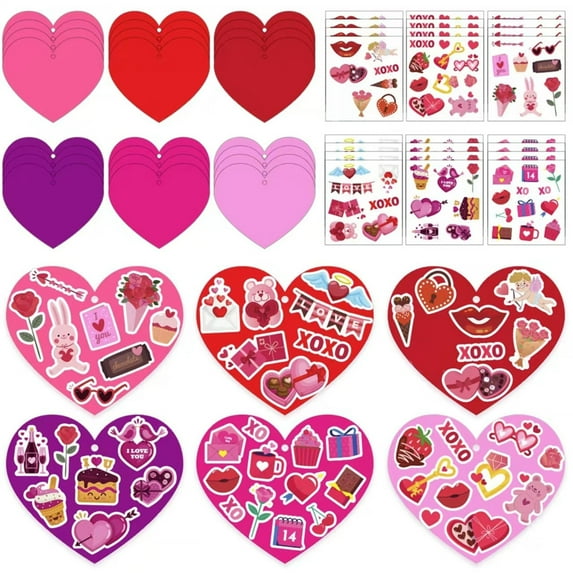 24-Piece Valentine's Day DIY Craft Kit, Colorful Heart Cartoon Card & Sticker Set for Kids, Gifts & Home Decor - 5.1x4.3 inch Cards